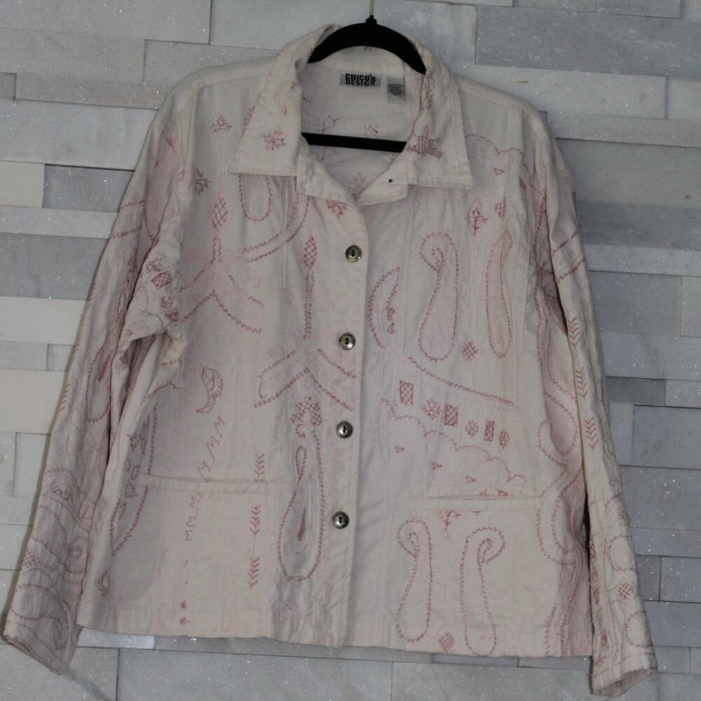 CHICOS 100% Cotton Embroidered Paisley Button Collar Petal Pink Chore Jacket 3/L